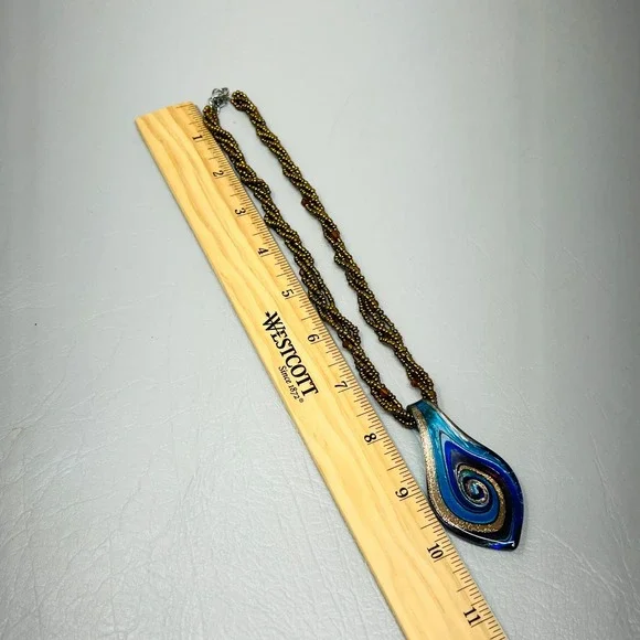 Art Glass Swirl Pendant Necklace Blue Gold Teardrop Beaded Braided Strand - Picture 2 of 7